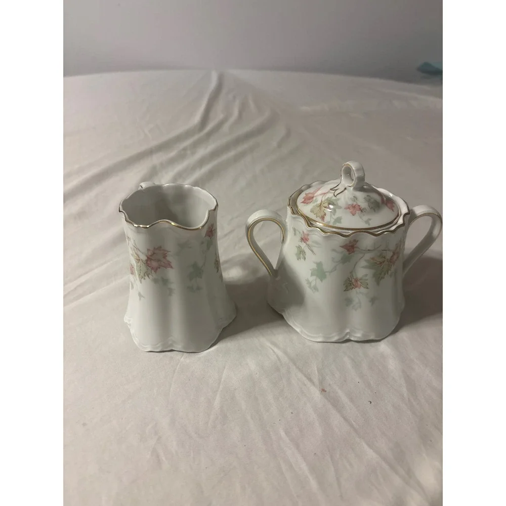 hutschenreuther Cream and Sugar Set OS White Pink Gold Autumn Leaf Scalloped